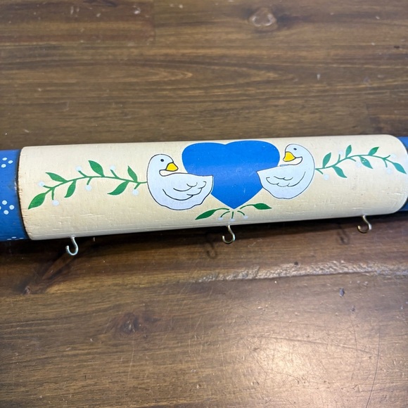 Vintage Duck Hand Painted Rolling Pin Wall Hanging Hooks Blue Cottagecore Granny - Picture 2 of 7
